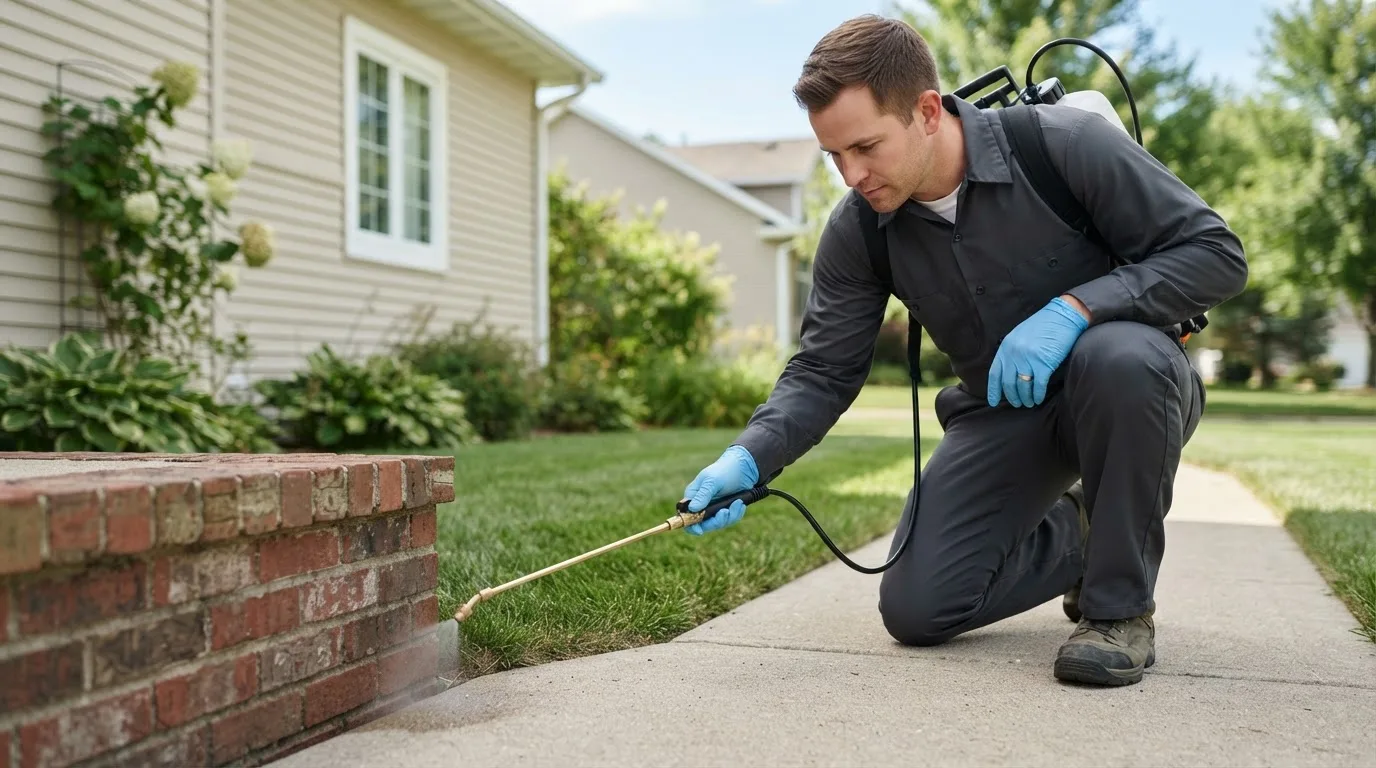 Pest control technician treating a home near California, MD